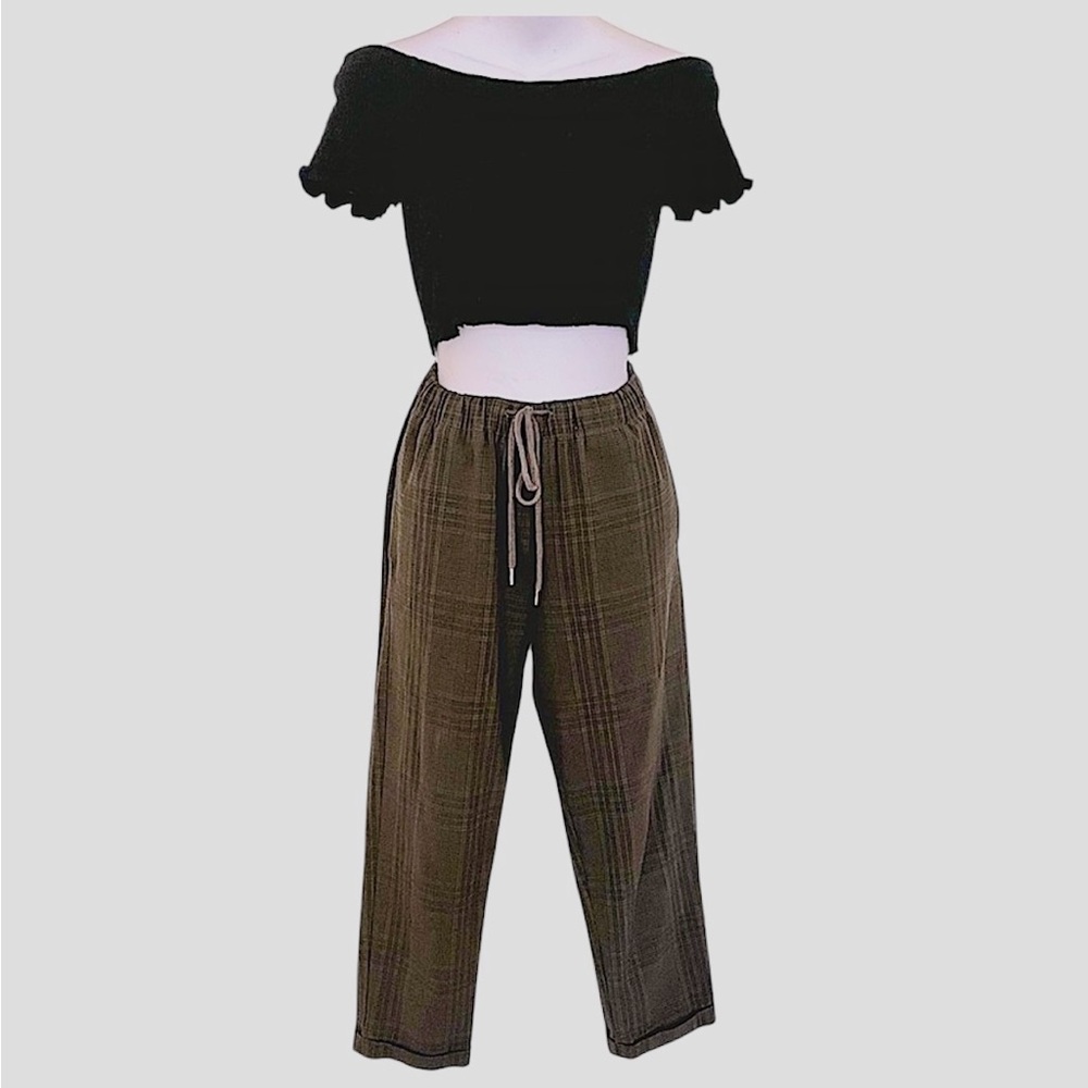 Oak+Fort Womens Plaid Seersucker Drawstring Elastic Waist Ankle Cropped Pants XS